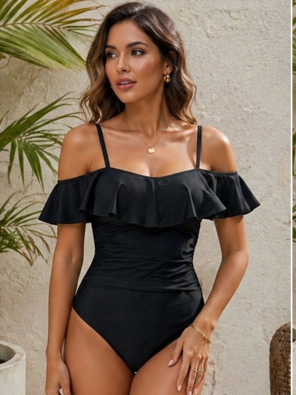 Flattering Black Off-Shoulder Ruffle Swimsuit Ruched Tummy Control One-Piece
